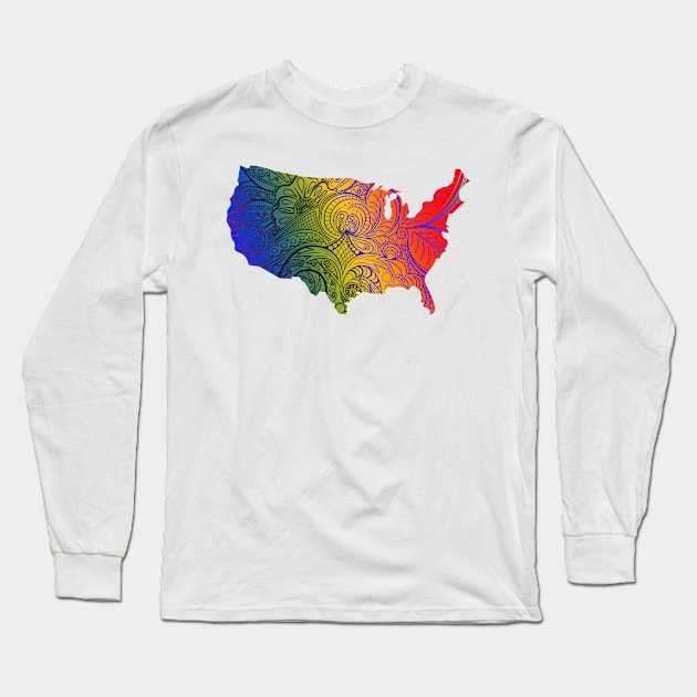 Colorful mandala art map of the United States of America in blue, yellow and red with dark hues Long Sleeve T-Shirt by Happy Citizen